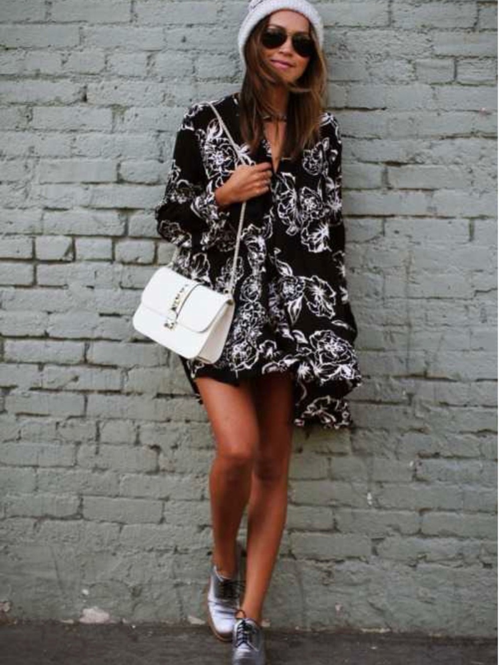 Free People Black & White Floral V-Neck Tunic Dress